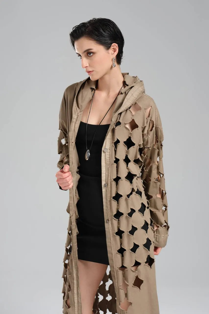  TW3 Mantel in gerader Form, aus Baumwolle, 1540, Beige, Punkte, Ausgefallen, Zeitlos