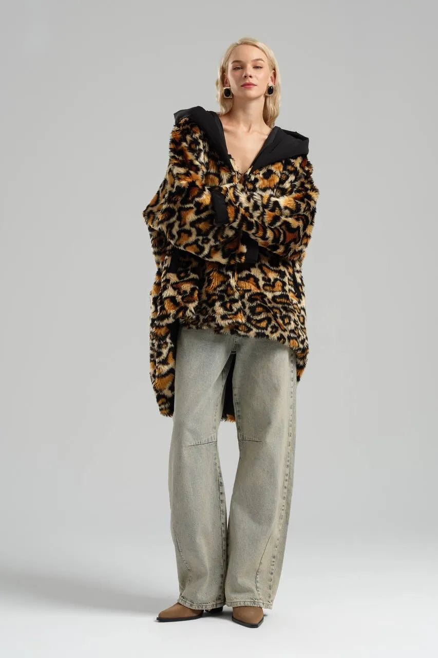  TW3 Mantel in Vokuhila-Form, aus Materialmix, 972, Leopard, Kuschelig, Ausgefallen