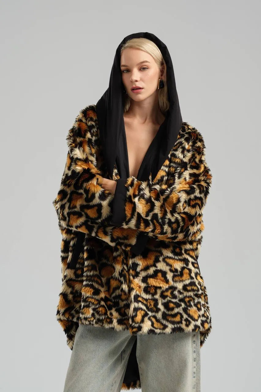  TW3 Mantel in Vokuhila-Form, aus Materialmix, 972, Leopard, Kuschelig, Ausgefallen