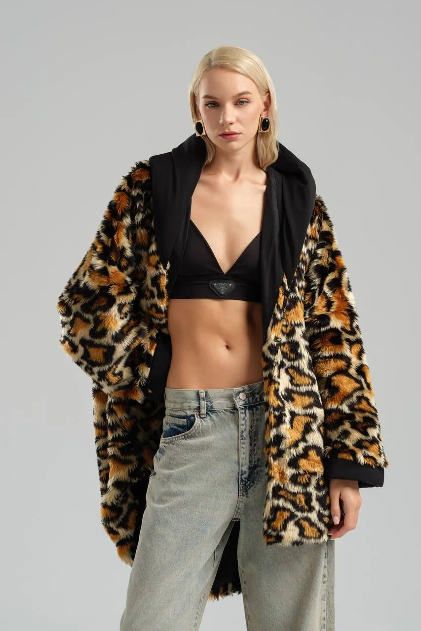  TW3 Mantel in Vokuhila-Form, aus Materialmix, 972, Leopard, Kuschelig, Ausgefallen