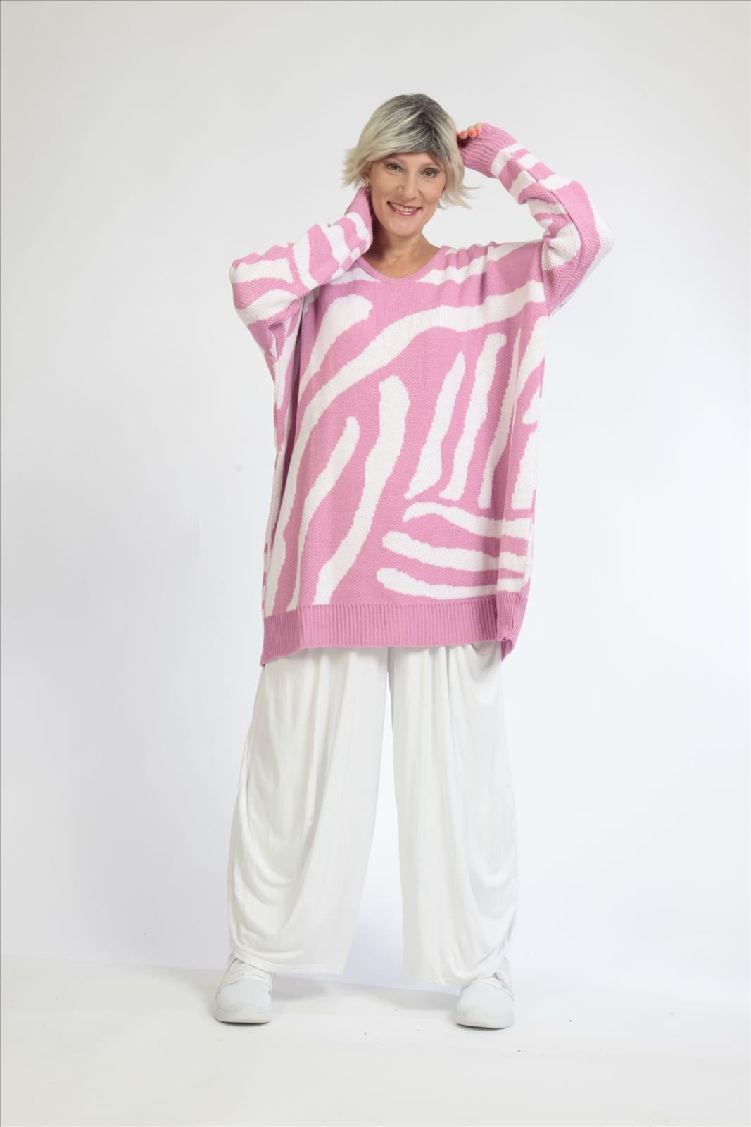  Sportlich-eleganter Damen-Pullover in kastiger Form mit weichem Rosa-Weiß Zebra-Muster