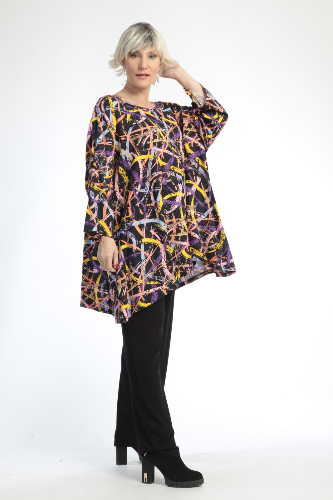  AKH Fashion Bigshirt in Glocken-Form, aus Viskose, 0816.00592, Schwarz-Multi, Streifen