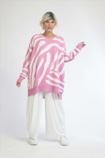  Sportlich-eleganter Damen-Pullover in kastiger Form mit weichem Rosa-Weiß Zebra-Muster