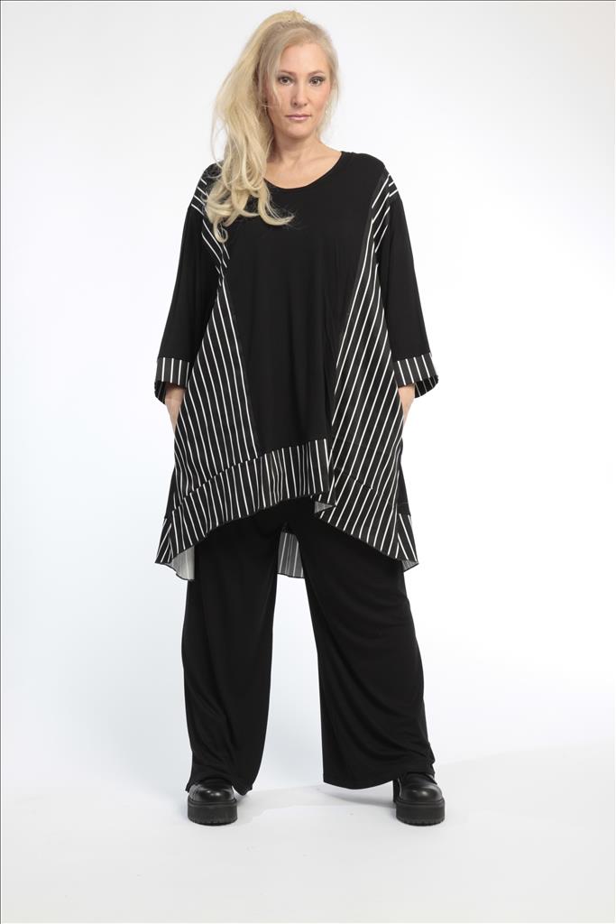  Oversize A-Form Shirt mit Schwarz-Weiß-Streifen und praktischen Taschen für Plus Size Fashion