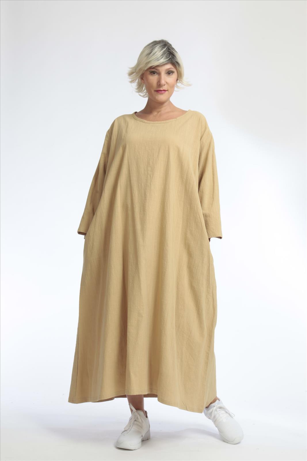  Oversize Ballonkleid in Beige mit eleganter Leinenoptik und praktischen Nahttaschen für Lagenlook