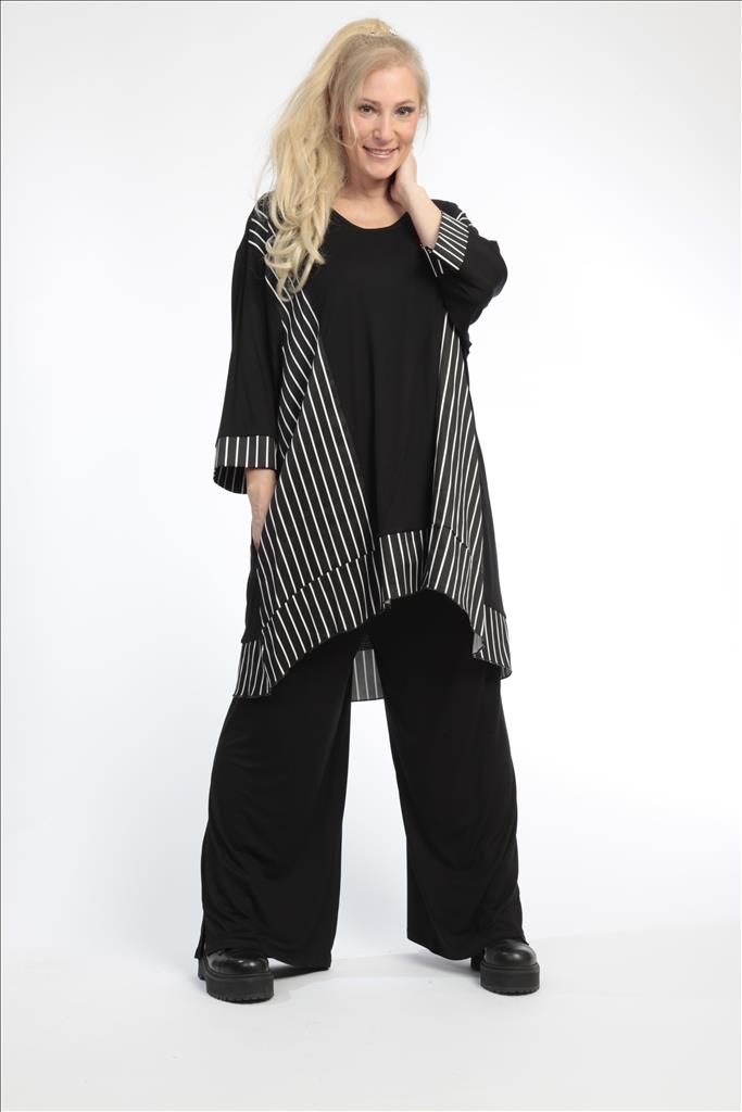  Oversize A-Form Shirt mit Schwarz-Weiß-Streifen und praktischen Taschen für Plus Size Fashion