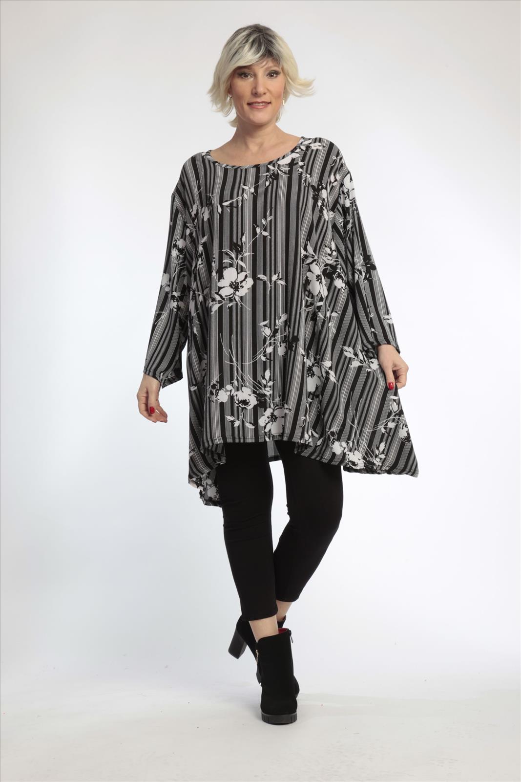  A-Form Shirt in elegantem Schwarz-Weiß-Streifenmuster für lässigen Plus Size Style