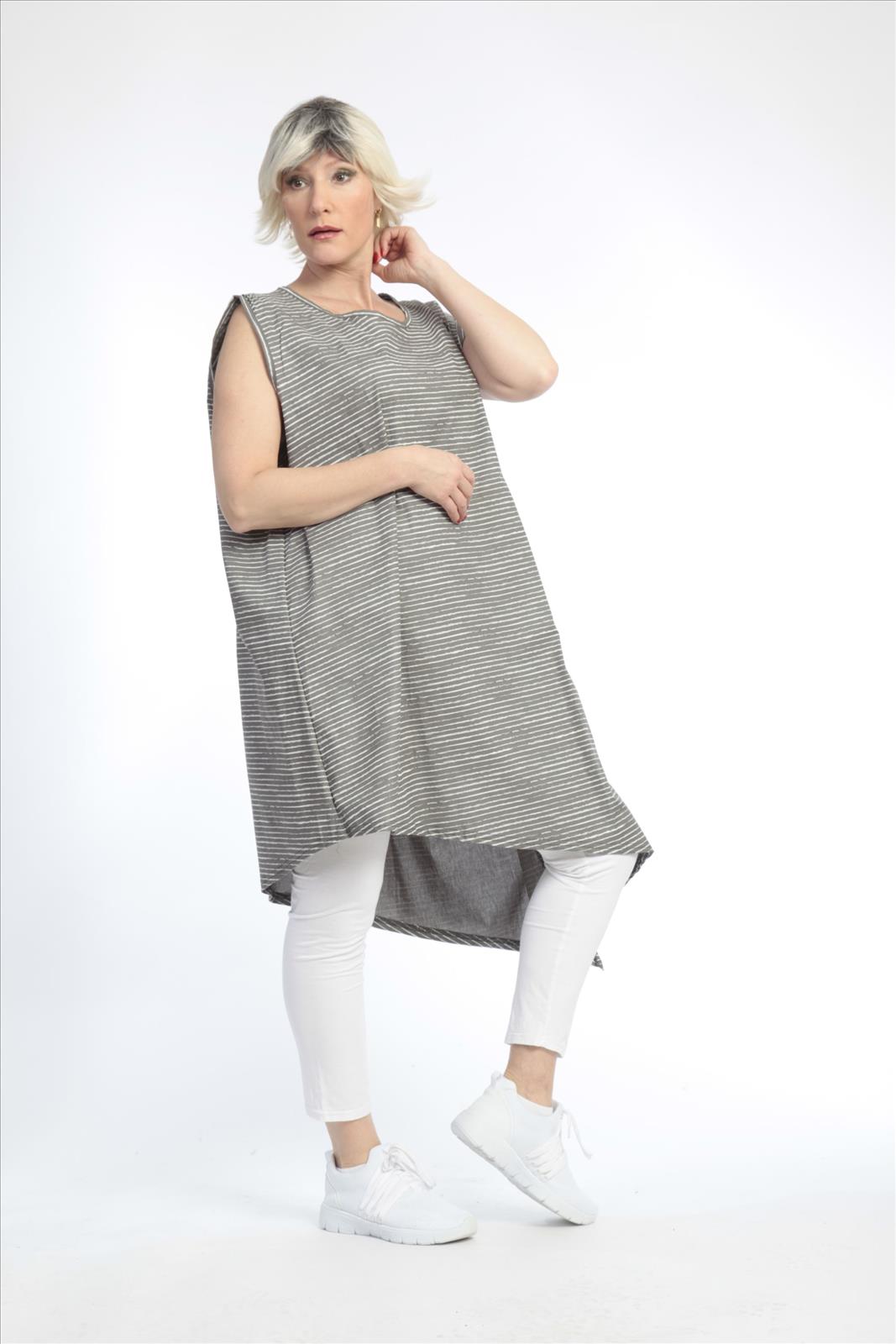  Asymmetrische Tunika in Grau-Weiß mit Streifen aus nachhaltiger Baumwolle für lässige Looks