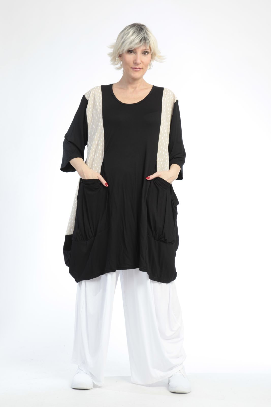  Ballonshirt von AKH Fashion aus Baumwolle, 0848.06767, Schwarz-Beige, Punkte, Schick