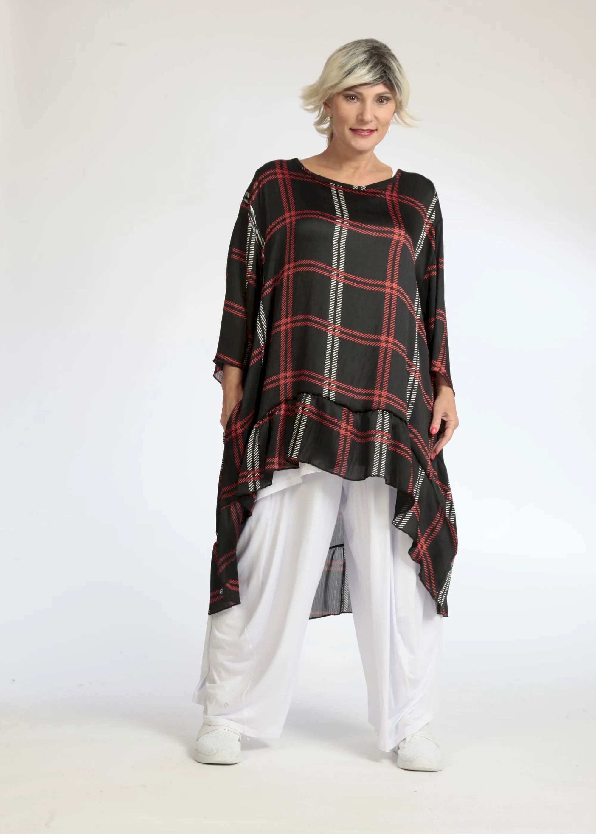  AKH Fashion Bigshirt in Vokuhila-Form, aus Polyester, 1073.06837, Schwarz-Rot, Kariert