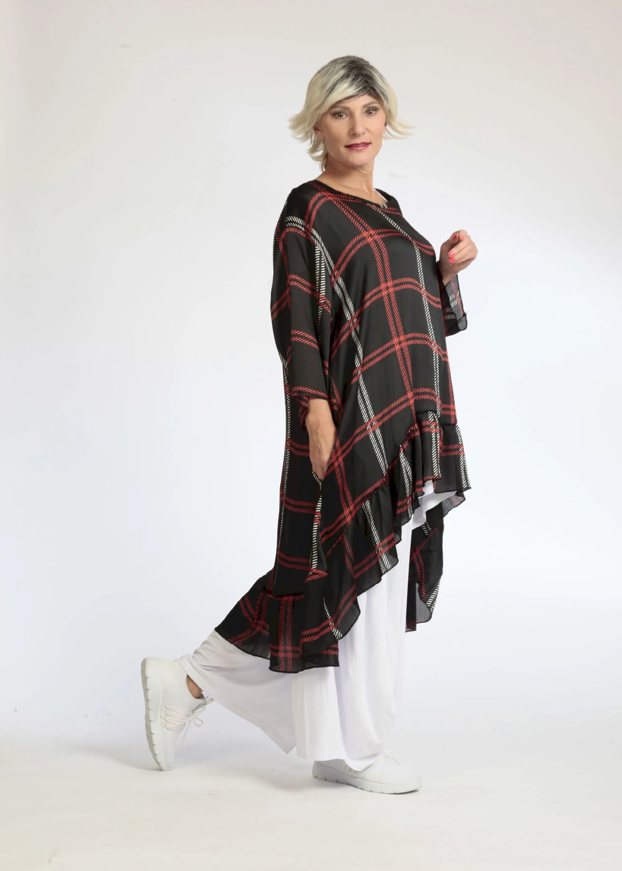  AKH Fashion Bigshirt in Vokuhila-Form, aus Polyester, 1073.06837, Schwarz-Rot, Kariert