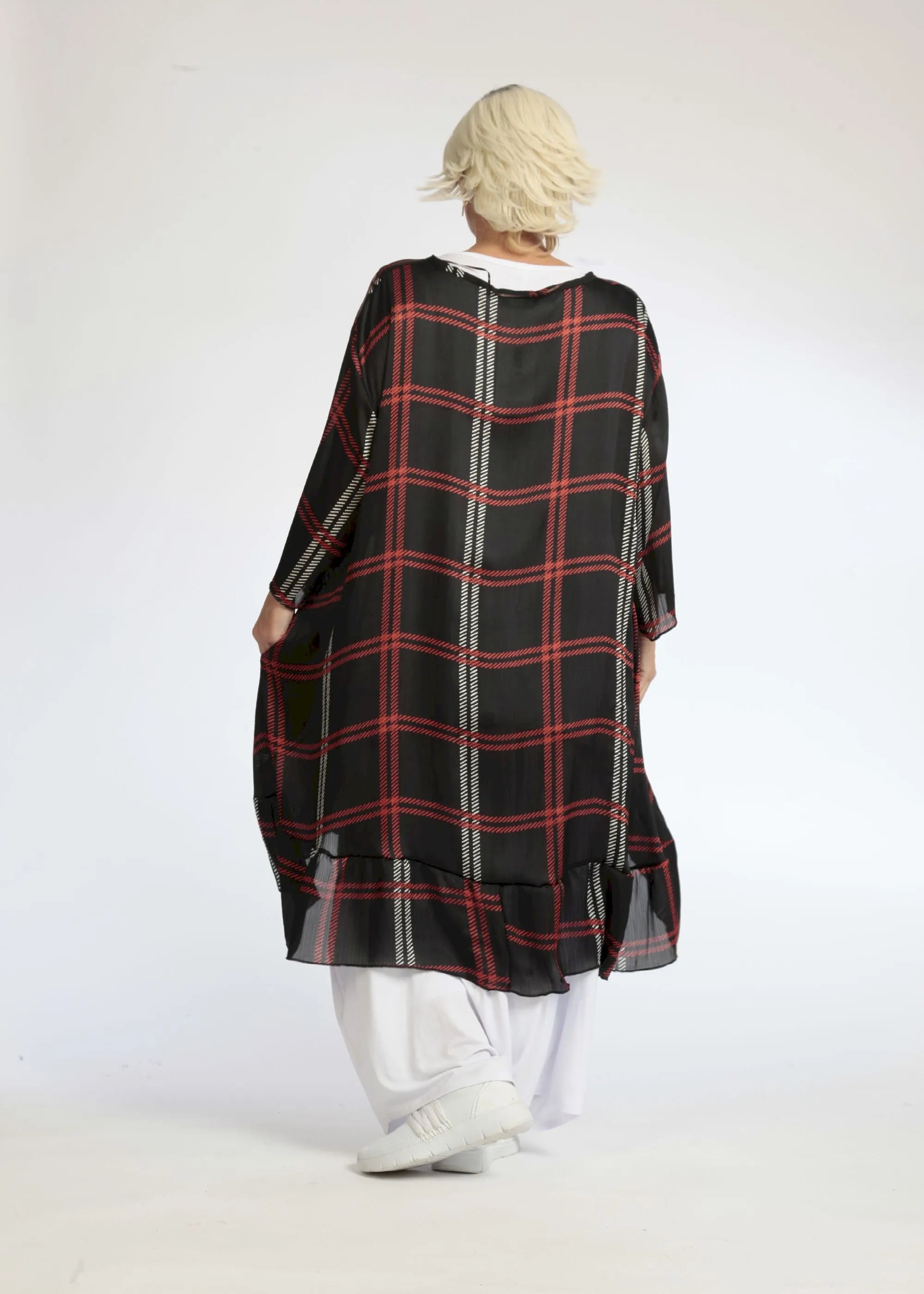  AKH Fashion Bigshirt in Vokuhila-Form, aus Polyester, 1073.06837, Schwarz-Rot, Kariert