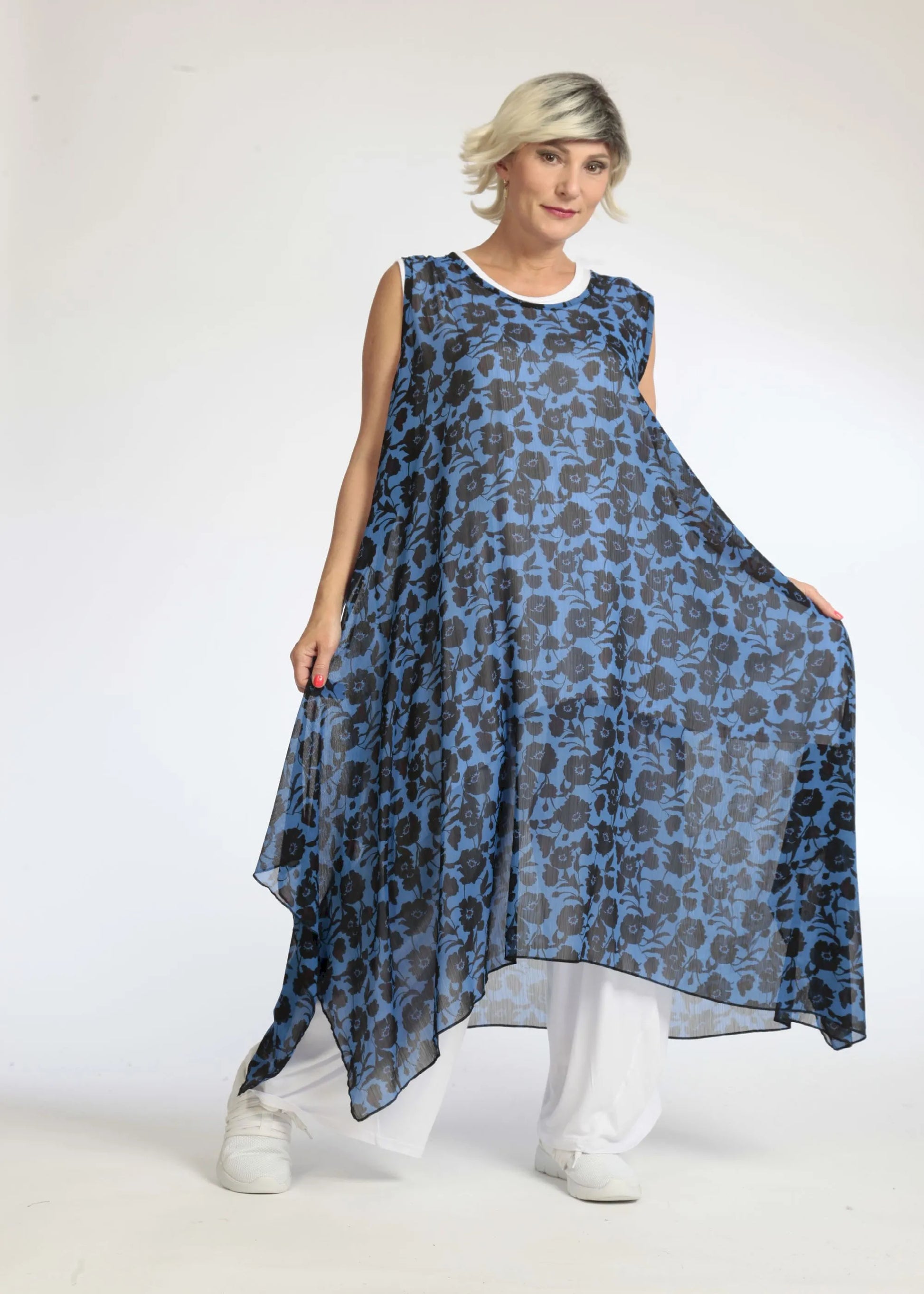  Elegante A-Form Tunika für Damen in Blau-Schwarz mit floralem Muster für Lagenlooks