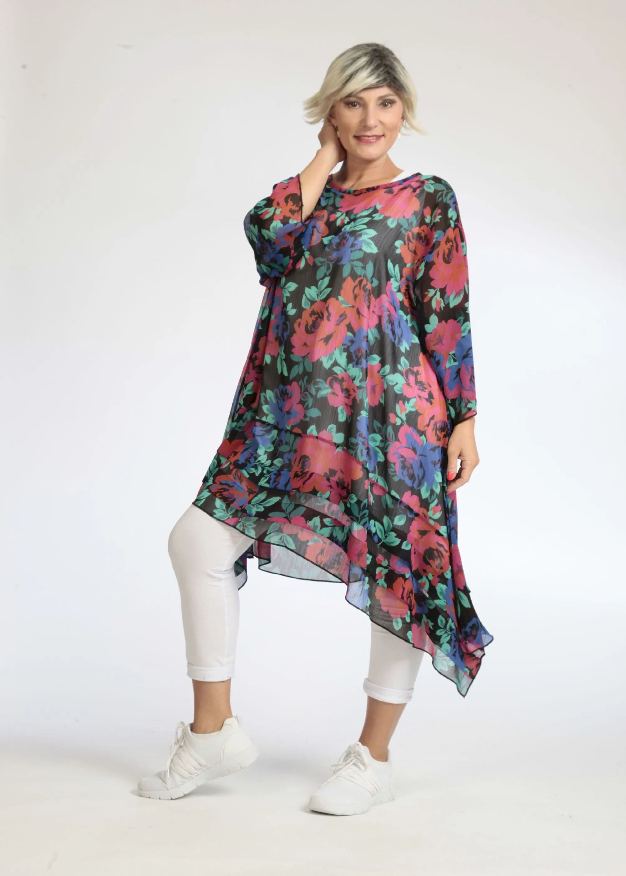  A-Form Bigshirt von AKH Fashion aus Polyester, 1076.06567, Schwarz-Rot-Blau, Blumen, Schick