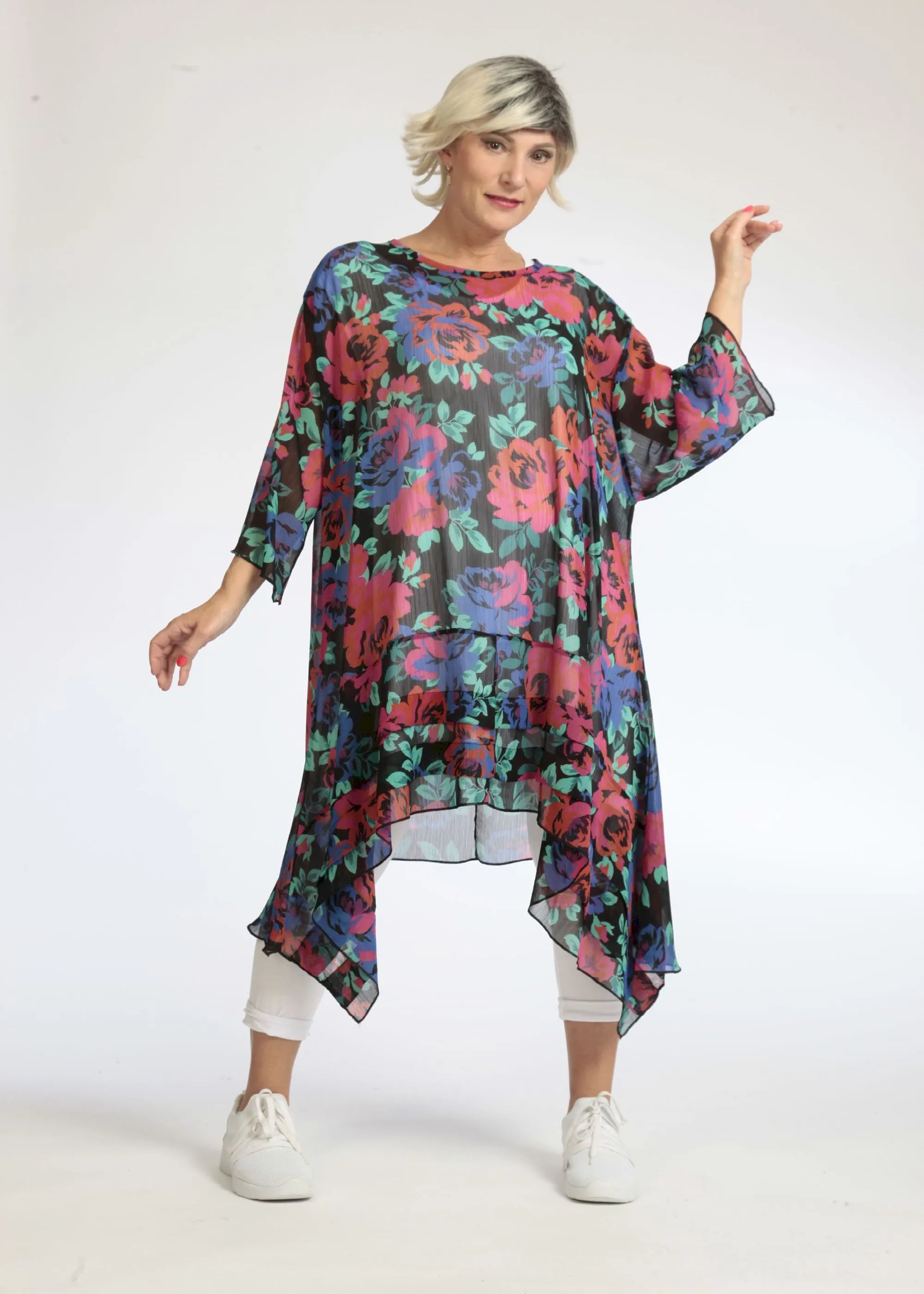  A-Form Bigshirt von AKH Fashion aus Polyester, 1076.06567, Schwarz-Rot-Blau, Blumen, Schick