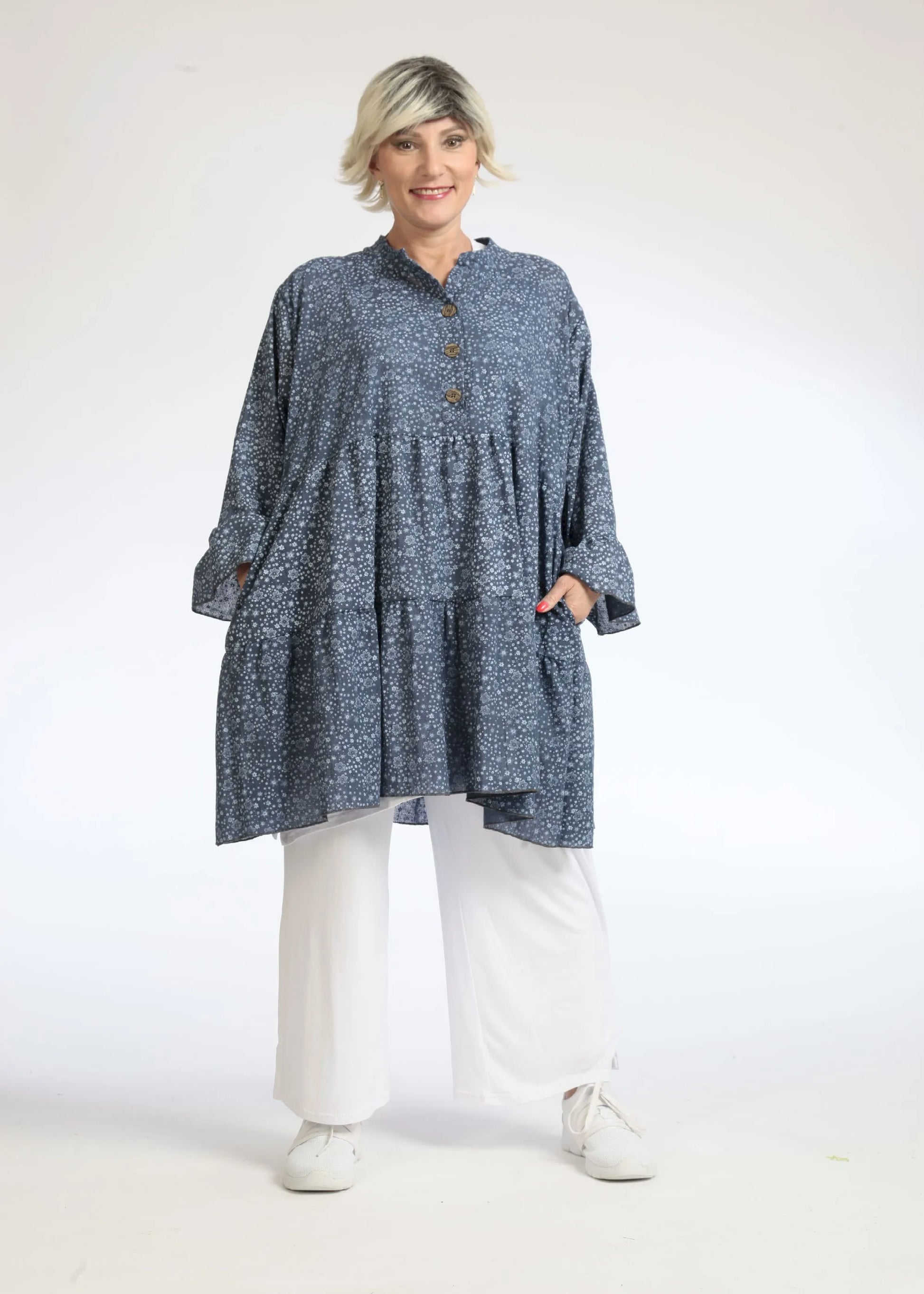  A-Form Shirt von AKH Fashion aus Baumwolle, 1088.01771, Jeansblau, Blumen, Schick, Modern