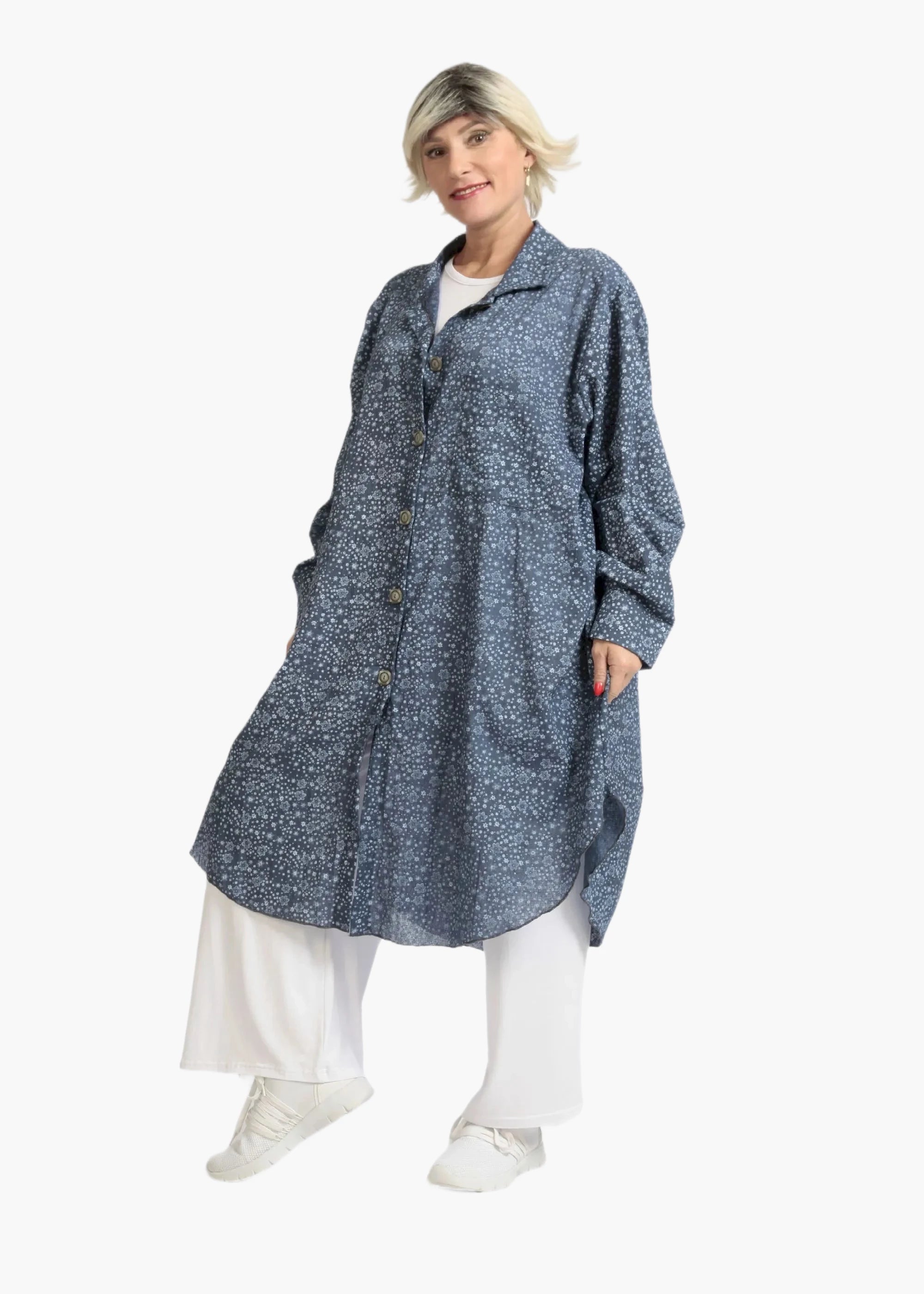  AKH Fashion Bluse in gerundeter Form, aus Baumwolle, 1088.06676, Jeansblau, Blumen