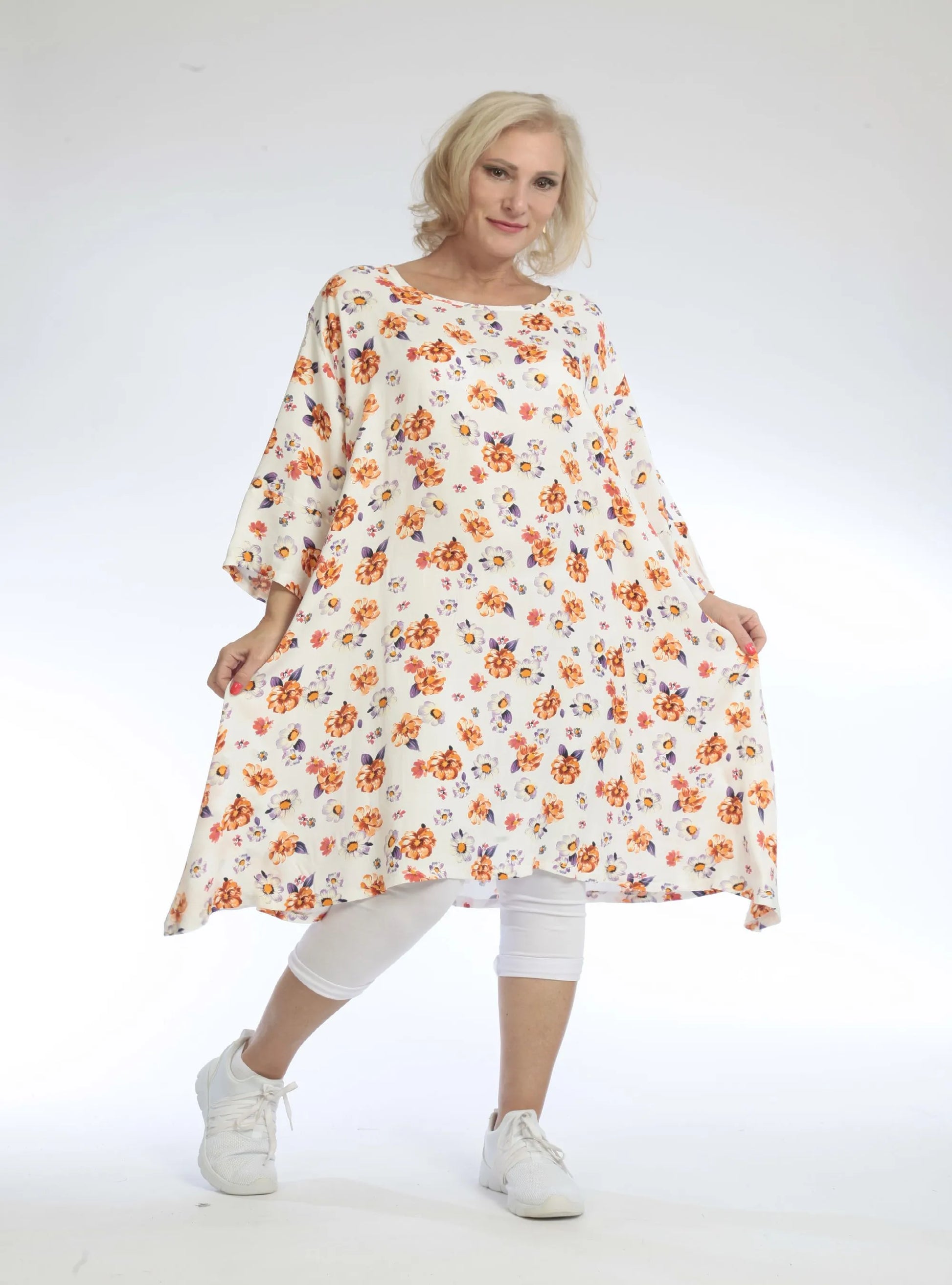  A-Form Bigshirt von AKH Fashion aus Viskose, 1103.02666, Orange, Blumen, Ausgefallen, Modern