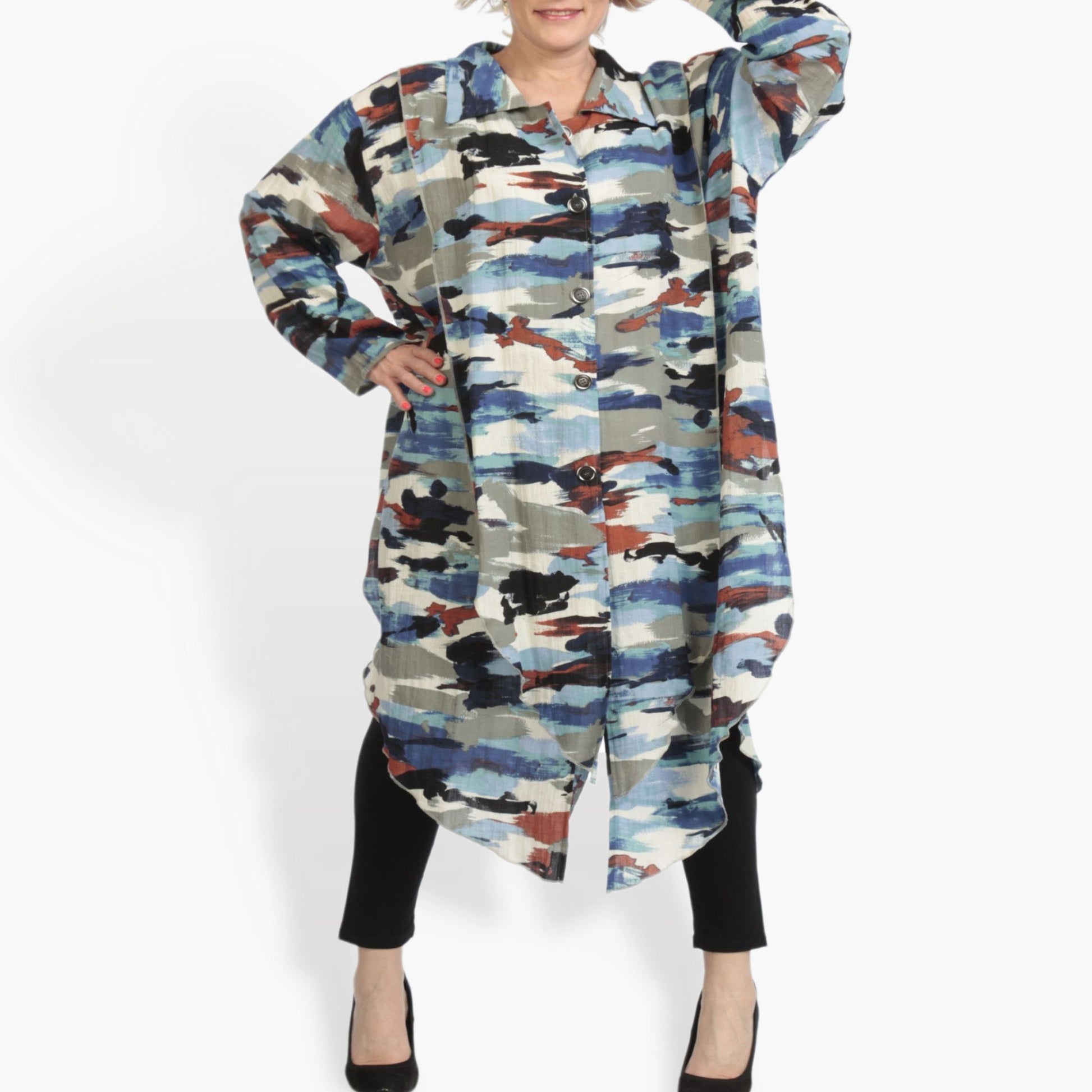  Stylische Plus-Size Jacke im Lagenlook mit modischem Camouflage-Muster in Blau-Multi