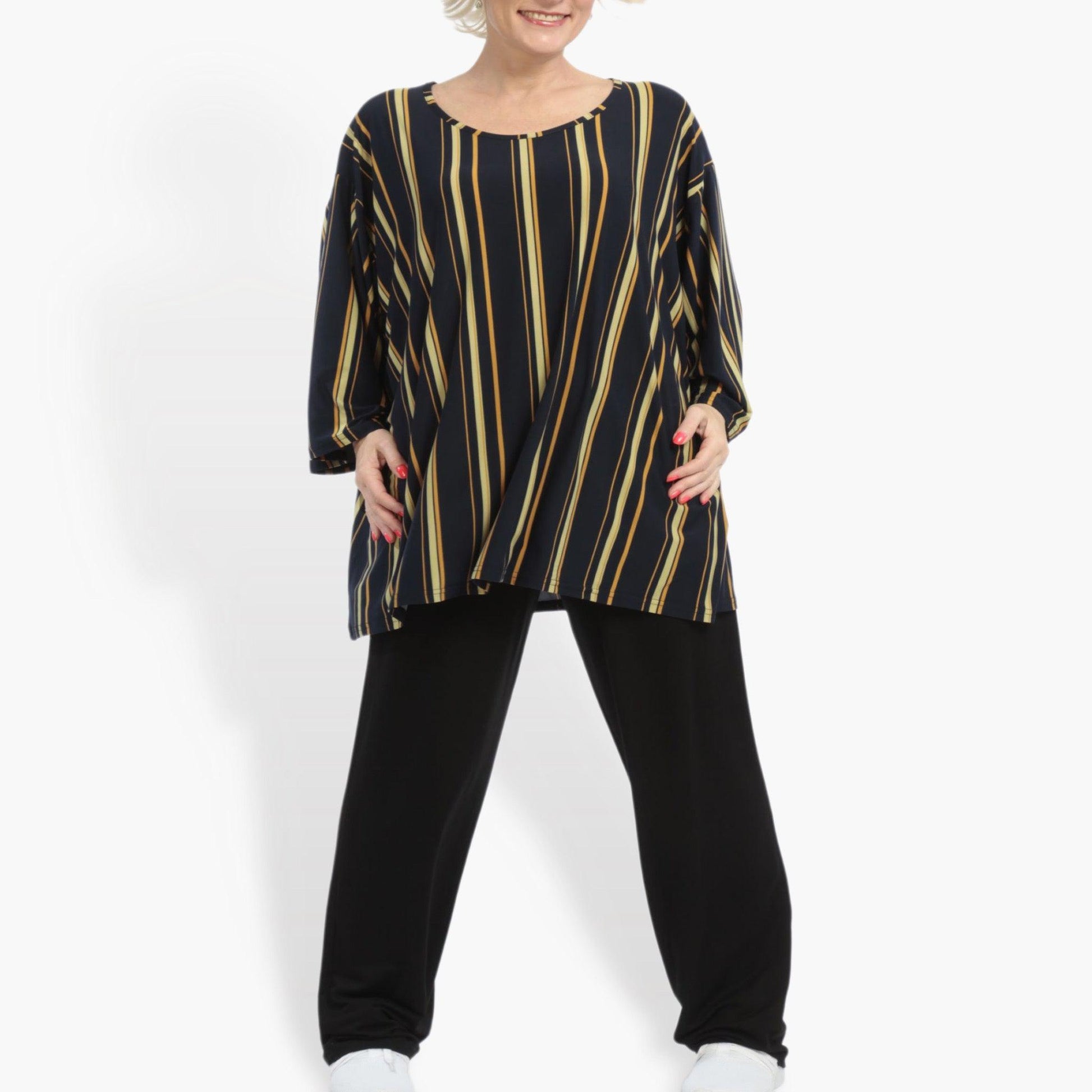  Kastiges Shirt in Marine-Gelb mit Streifen, 3/4-Ärmeln, ideal für Lagenlooks und Plus Size