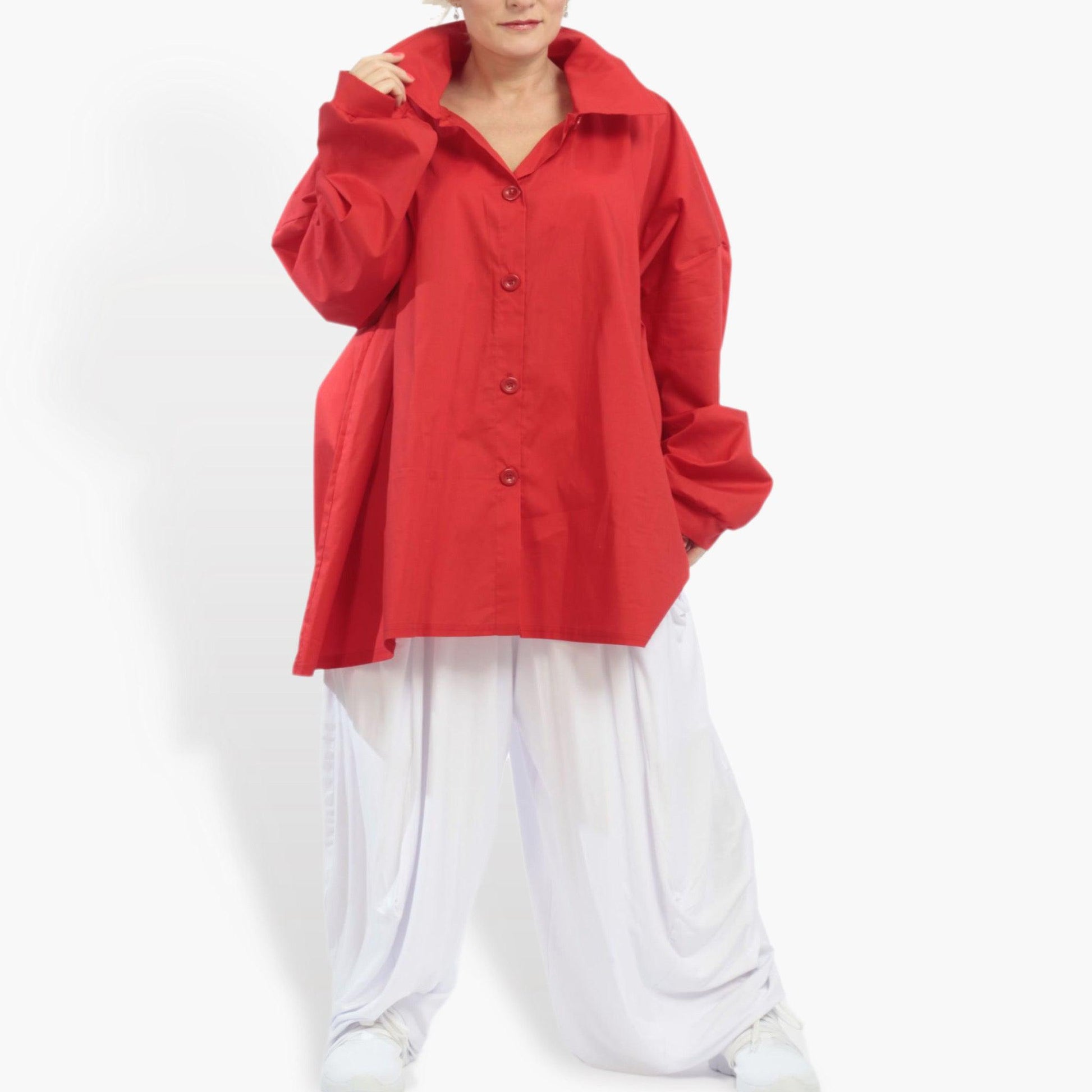  Kastige Langarm-Bluse in strahlendem Rot aus Baumwolle für lässige Lagenlooks in Plus Size