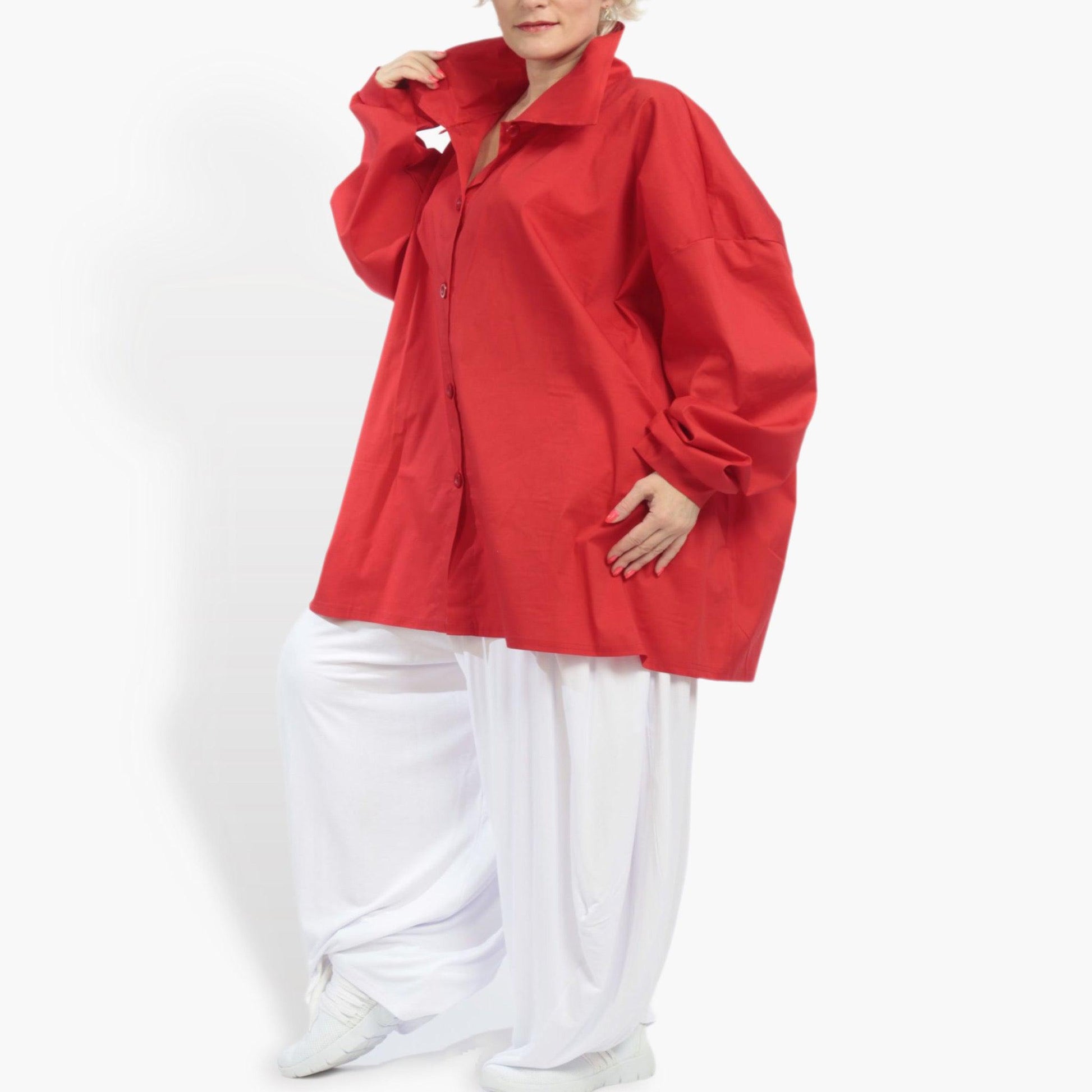  Kastige Langarm-Bluse in strahlendem Rot aus Baumwolle für lässige Lagenlooks in Plus Size