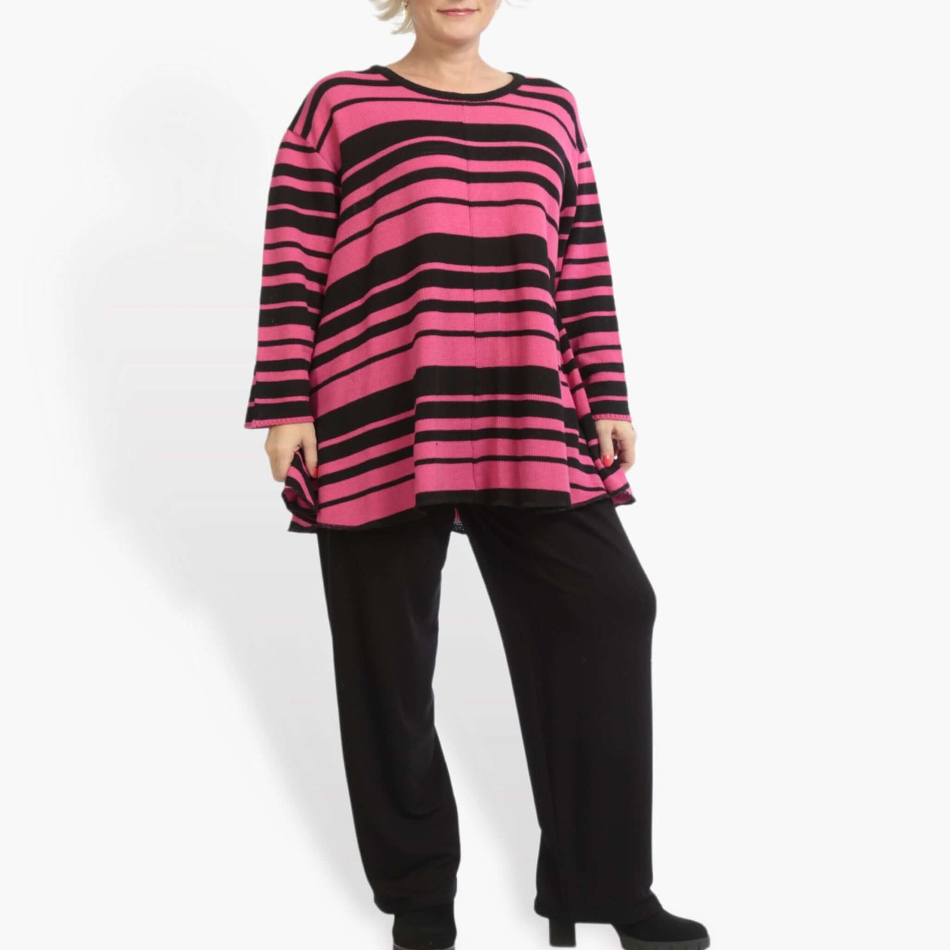  Oversize-Pullover im Lagenlook mit Glockenform, Rundhalsausschnitt und Blockstreifen Schwarz-Rosa