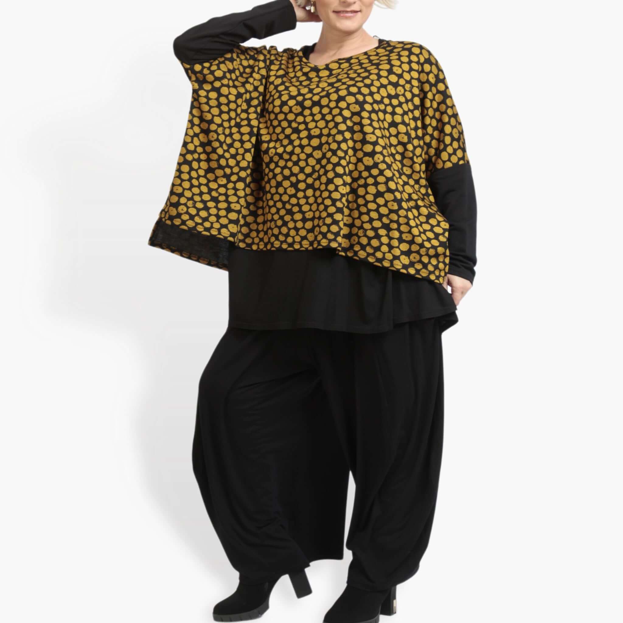 AKH Fashion Bigshirt in kastiger Form, aus Viskose, 0911.06721, Schwarz-Gelb, Punkte, Schick