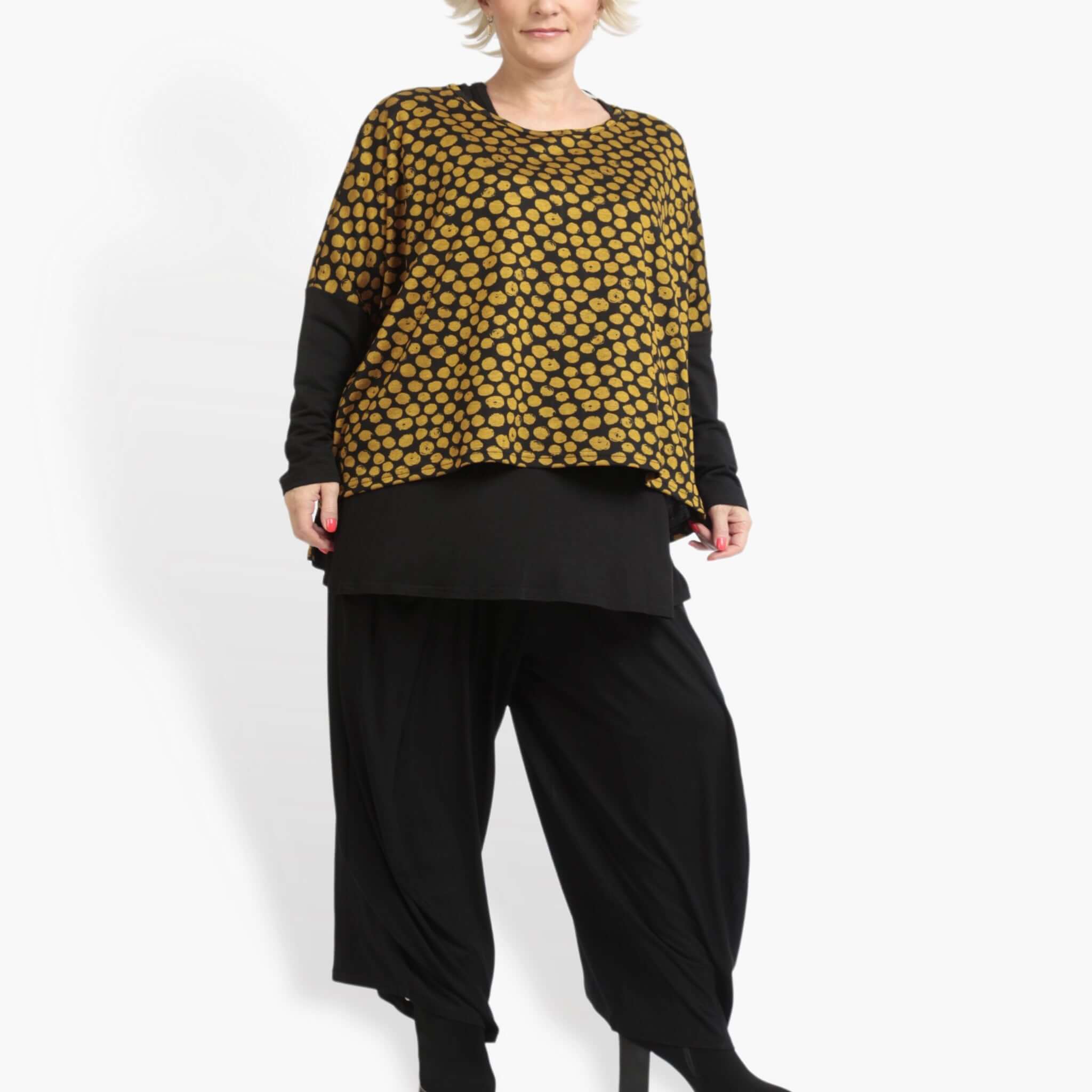  AKH Fashion Bigshirt in kastiger Form, aus Viskose, 0911.06721, Schwarz-Gelb, Punkte, Schick