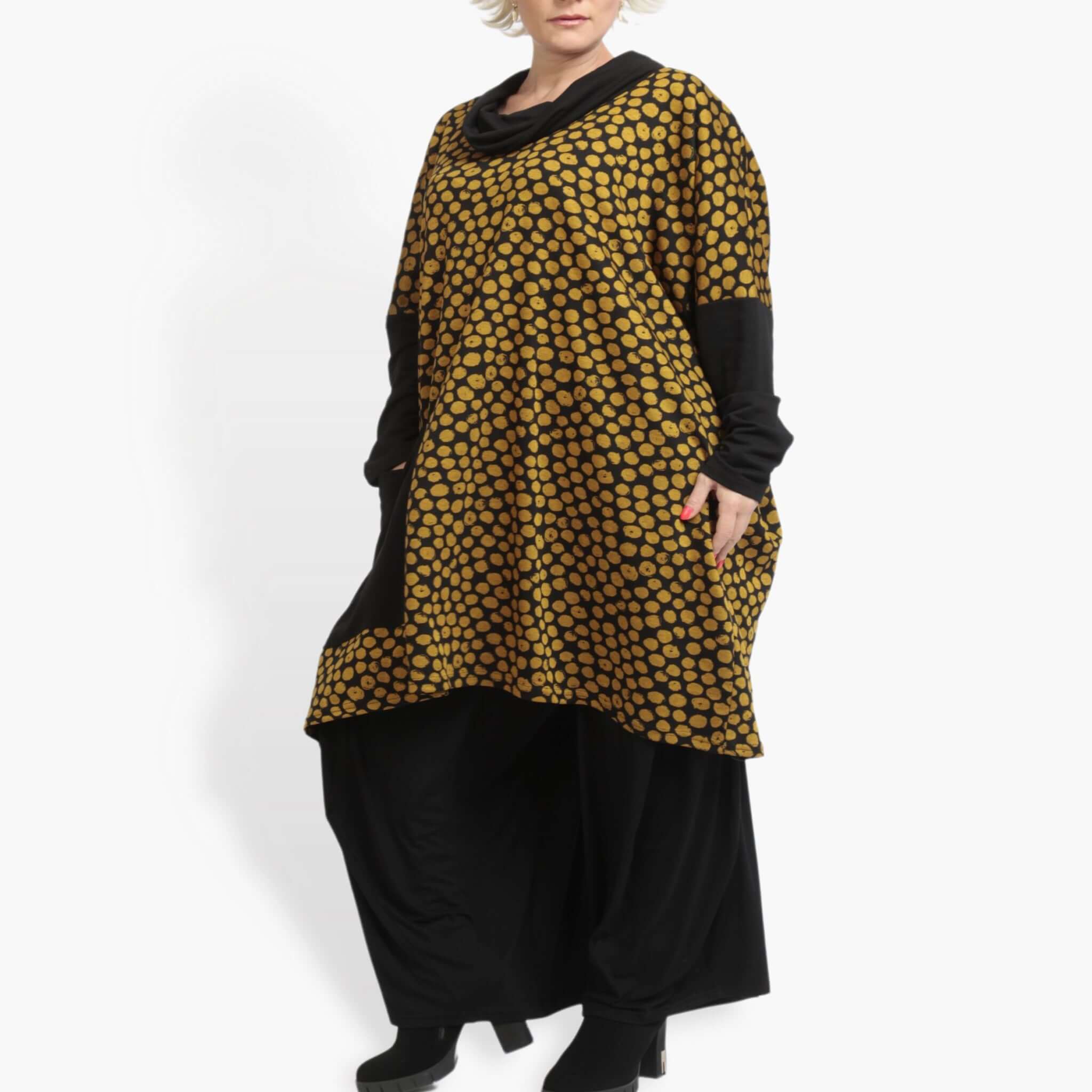 AKH Fashion Bigshirt in kastiger Form, aus Viskose, 0911.06807, Schwarz-Gelb, Punkte, Schick