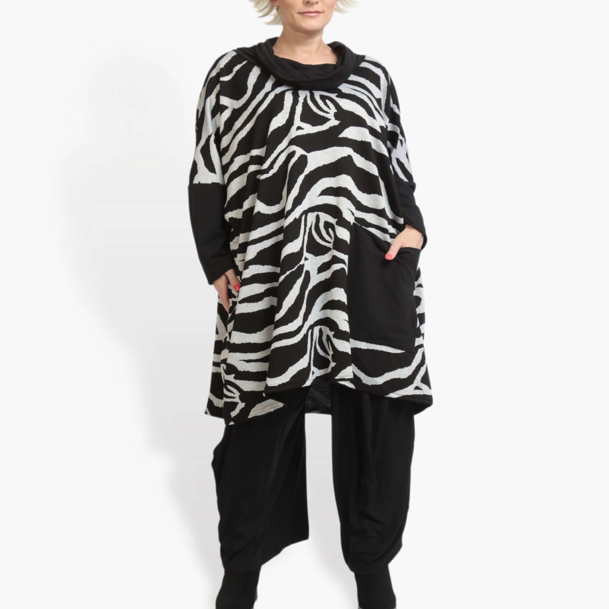  AKH Fashion Bigshirt in kastiger Form, aus Viskose, 0916.06807, Schwarz-Grau, Zebra, Schick