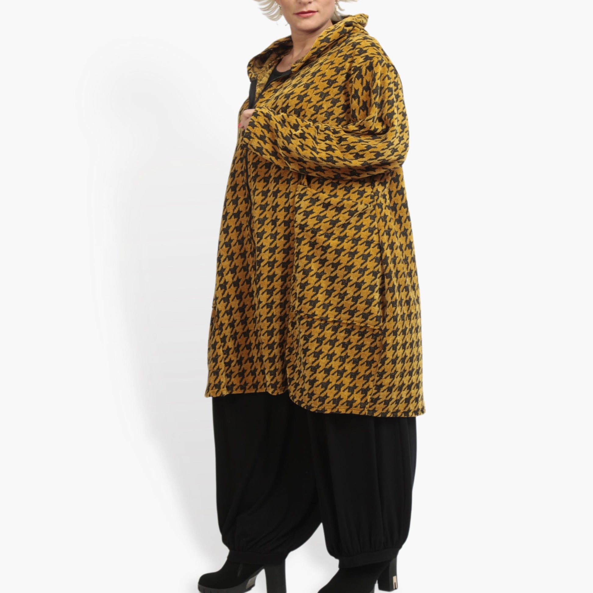  Trendige Ballonjacke in Senf-Schwarz für Plus Size im lässigen Oversize-Stil für den Herbst/Winter