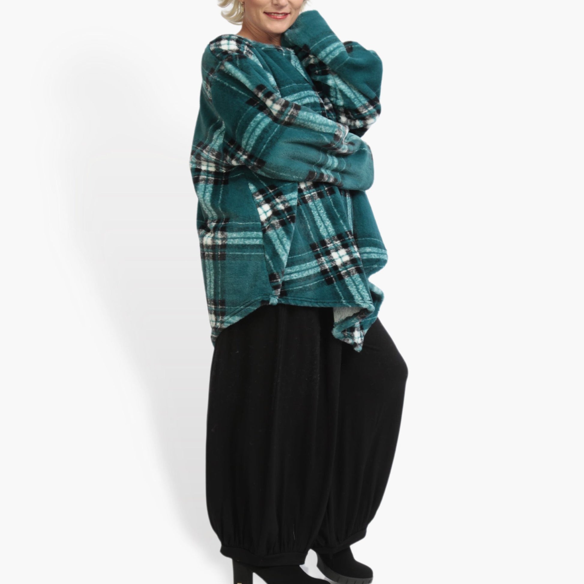  Kariertes Oversize-Shirt in Petrol-Multi für entspannte Lagenlooks – ideal für Plus Size Fashion