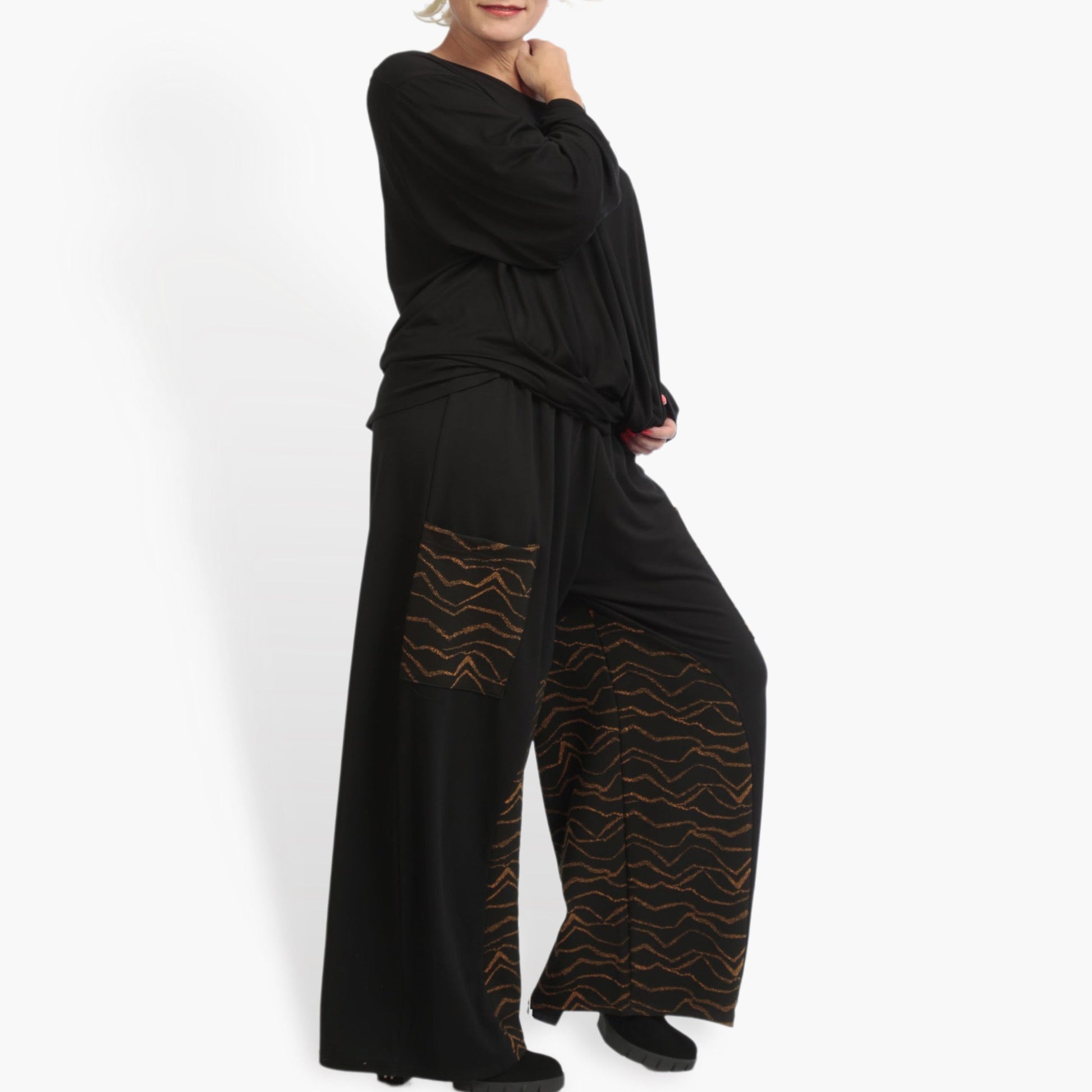  Vielseitige Hose in elegantem Schwarz mit Wellenmuster, ideal für Plus Size und Lagenlooks