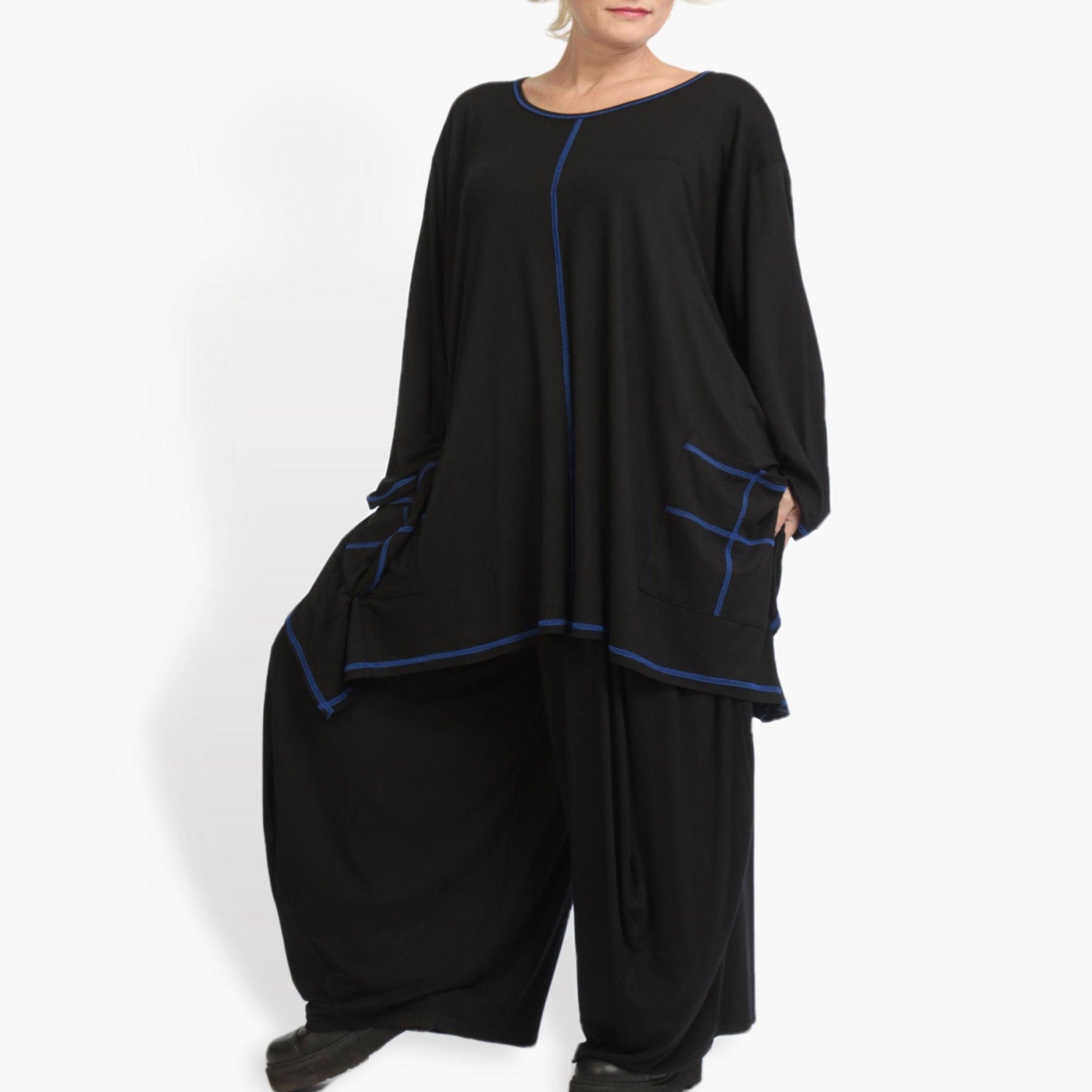  A-Form Bigshirt von AKH Fashion aus Viskose, 0933.06800, Schwarz-Blau, Unifarben, Ausgefallen