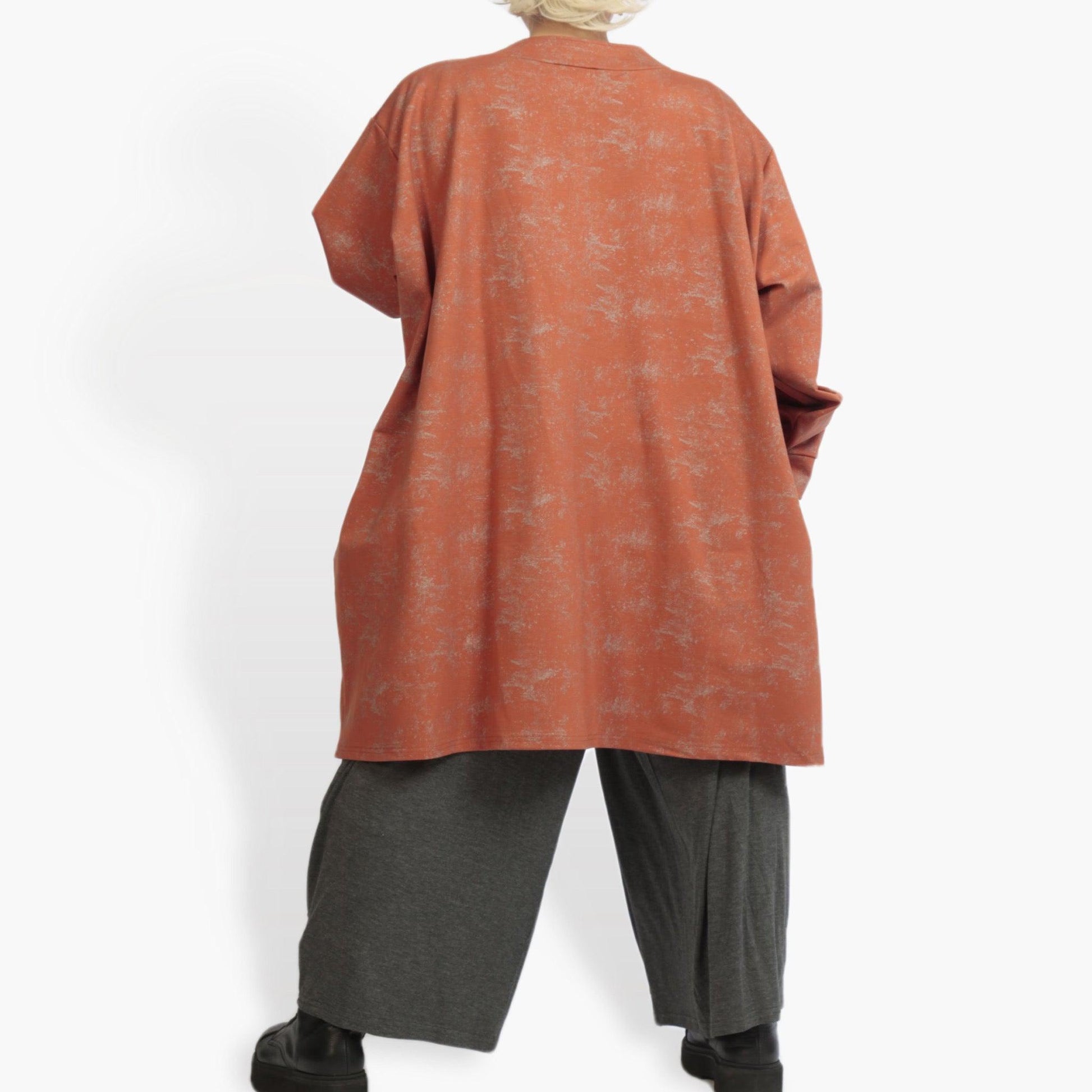  Kastiges Langarm-Shirt in unifarbenem Terracotta aus hochwertigem Romanit Jersey für Plus Size