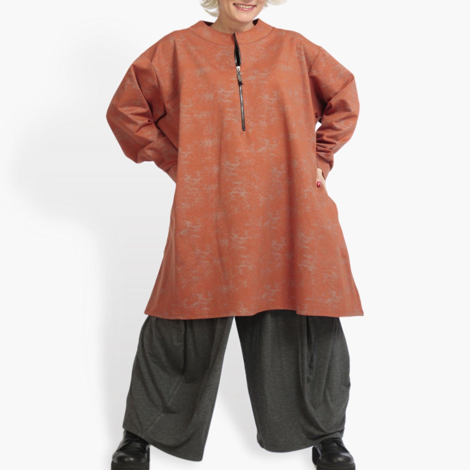  Kastiges Langarm-Shirt in unifarbenem Terracotta aus hochwertigem Romanit Jersey für Plus Size