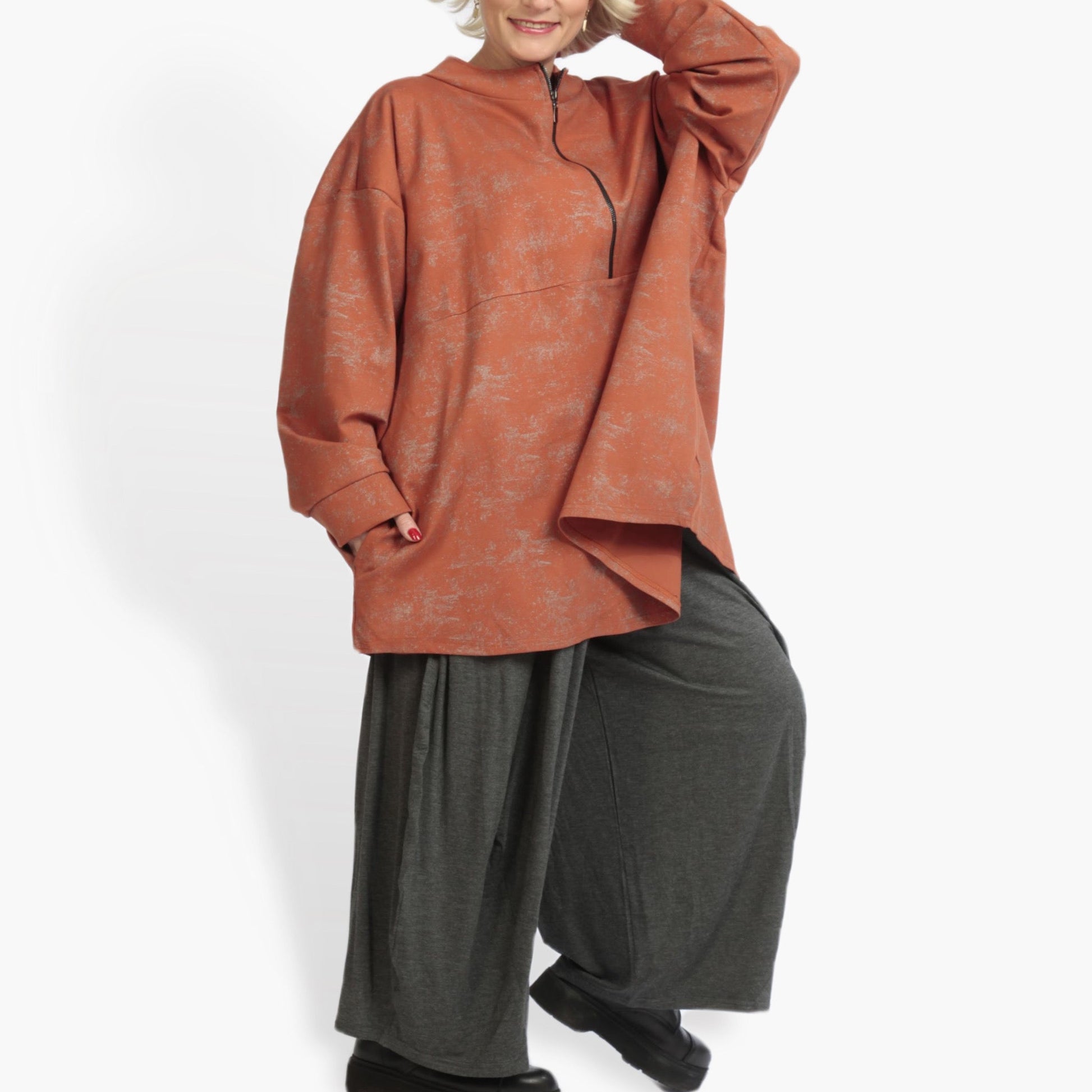  Kastiges Langarmshirt in hochwertigem Romanit Jersey in zeitlosem Terracotta für Plus Size