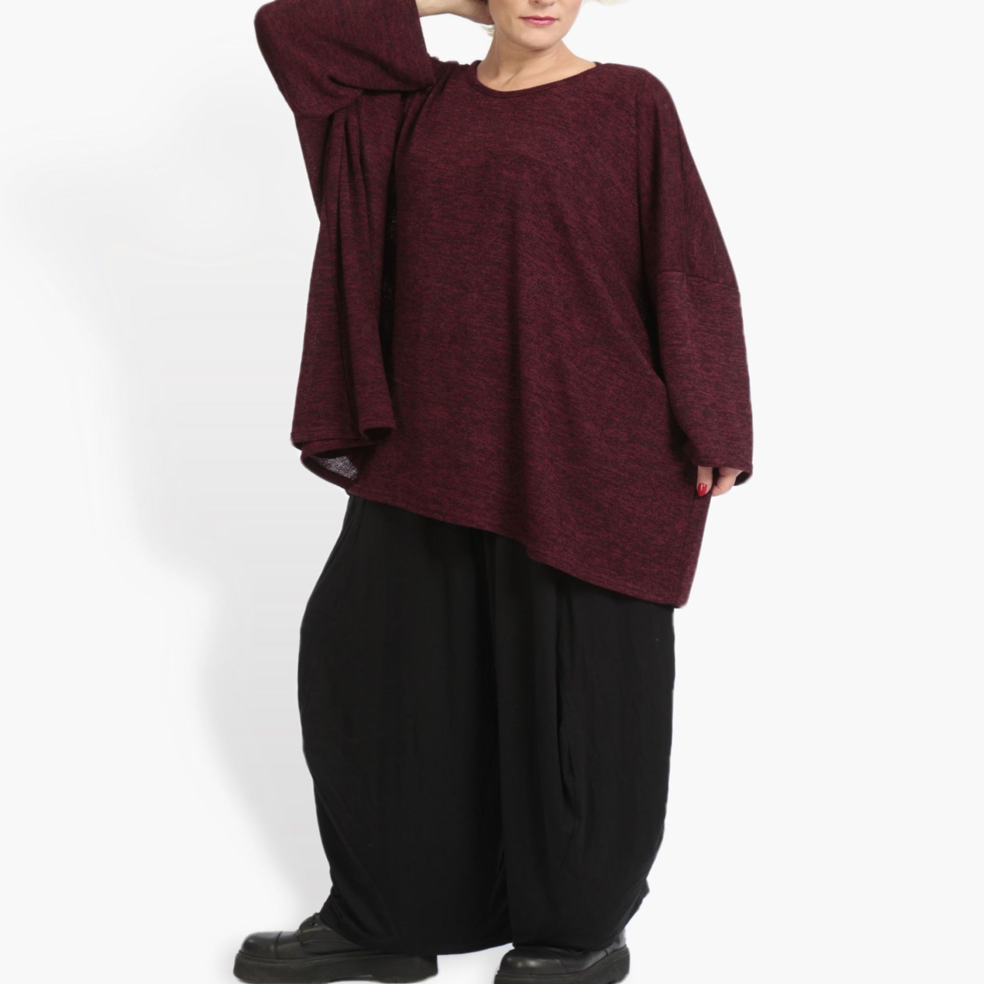  Legeres oversized Shirt in elegantem Weinrot mit angeschnittenen Ärmeln und Rundhalsausschnitt