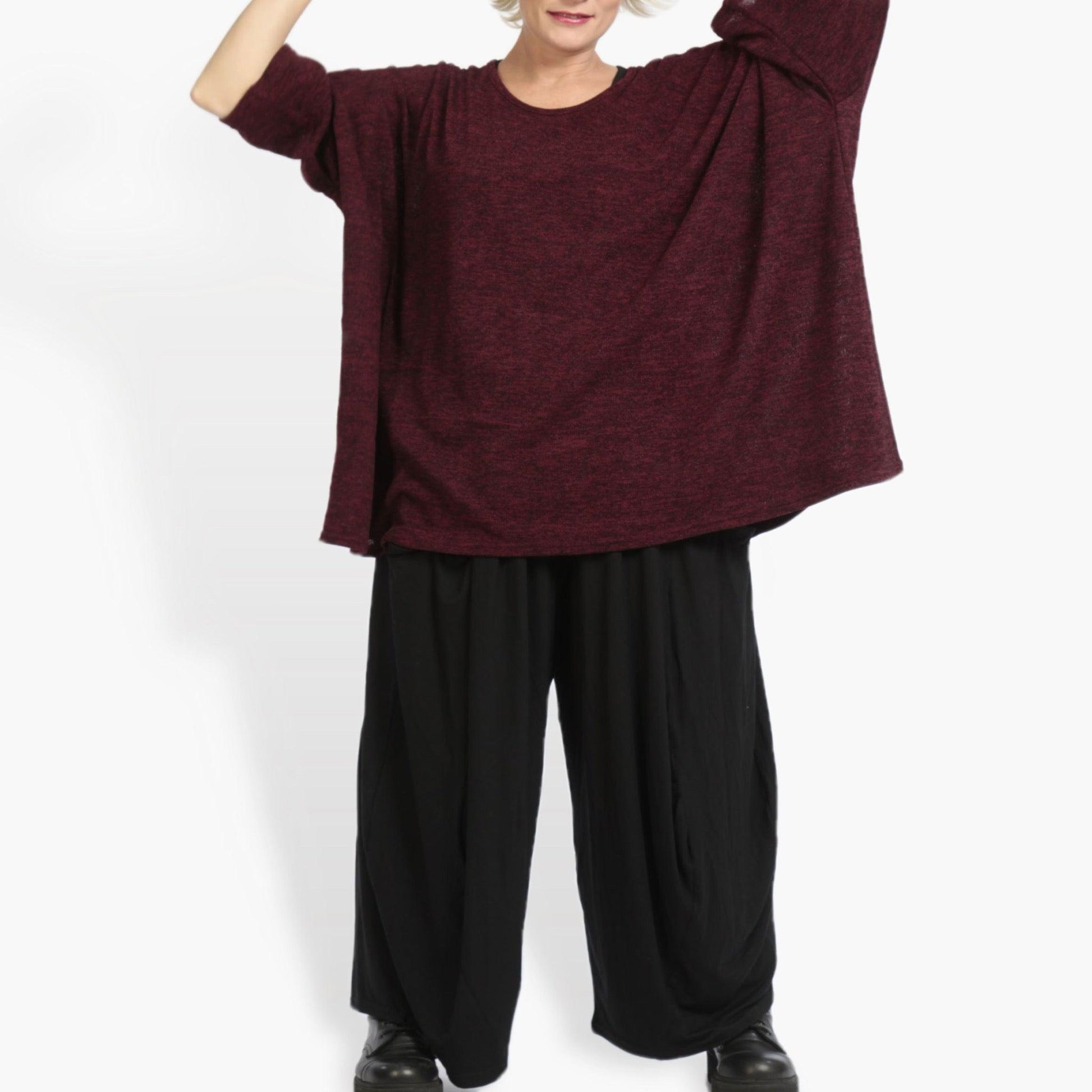  Legeres oversized Shirt in elegantem Weinrot mit angeschnittenen Ärmeln und Rundhalsausschnitt