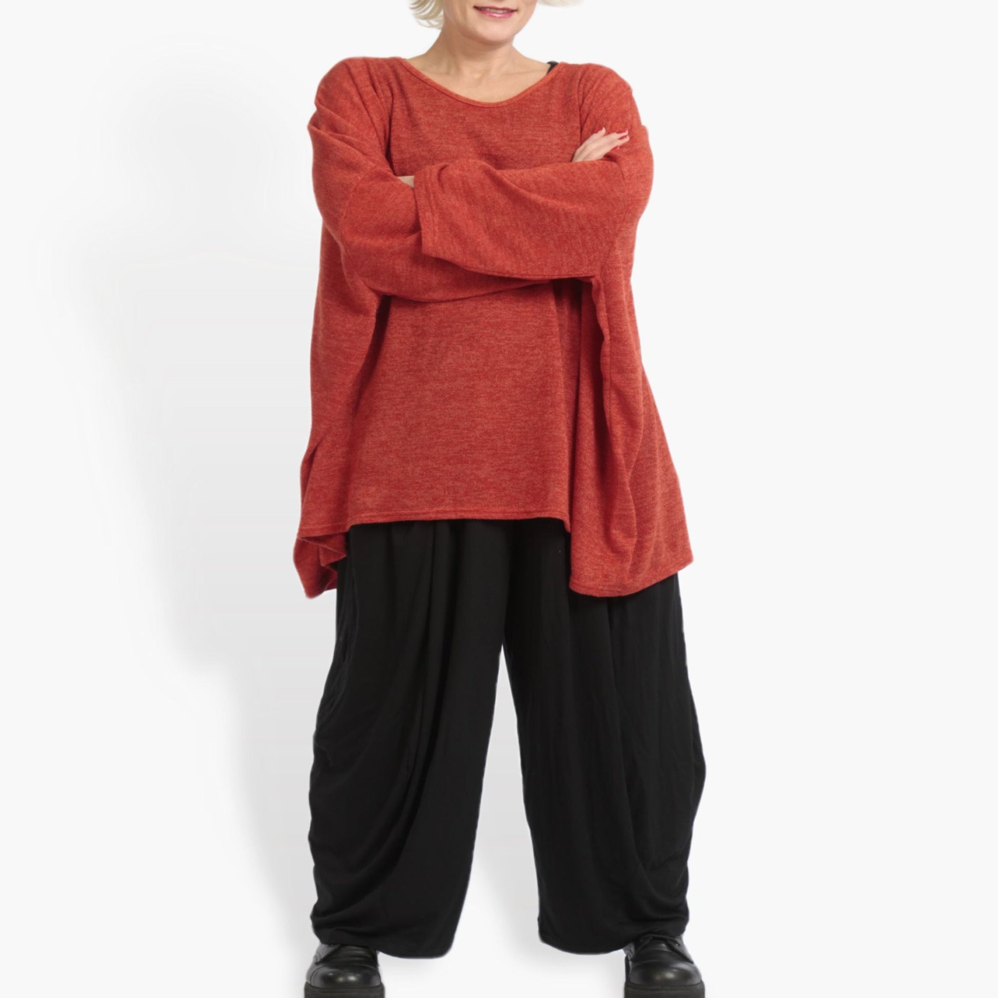  Oversize Shirt in zeitlosem Rost für lässigen Lagenlook aus weichem Feinstrick mit Rundhals