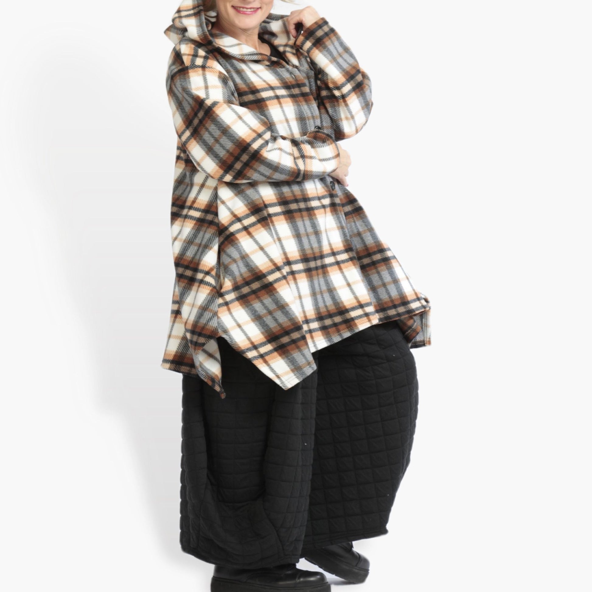  A-Form Fleece Jacke in multicolor-brauner Tartan-Optik mit Kapuze für legere Plus Size Fashion