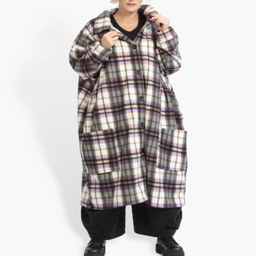  Kuscheliger Oversize-Mantel aus Fleece im bunten Tartan-Lila für lässige Looks im Winter