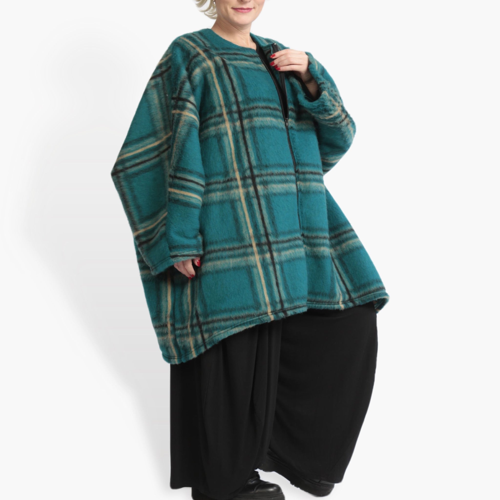  AKH Fashion Jacke in kastiger Form, aus Materialmix, 0973.01100, Petrol-Multi, Kariert