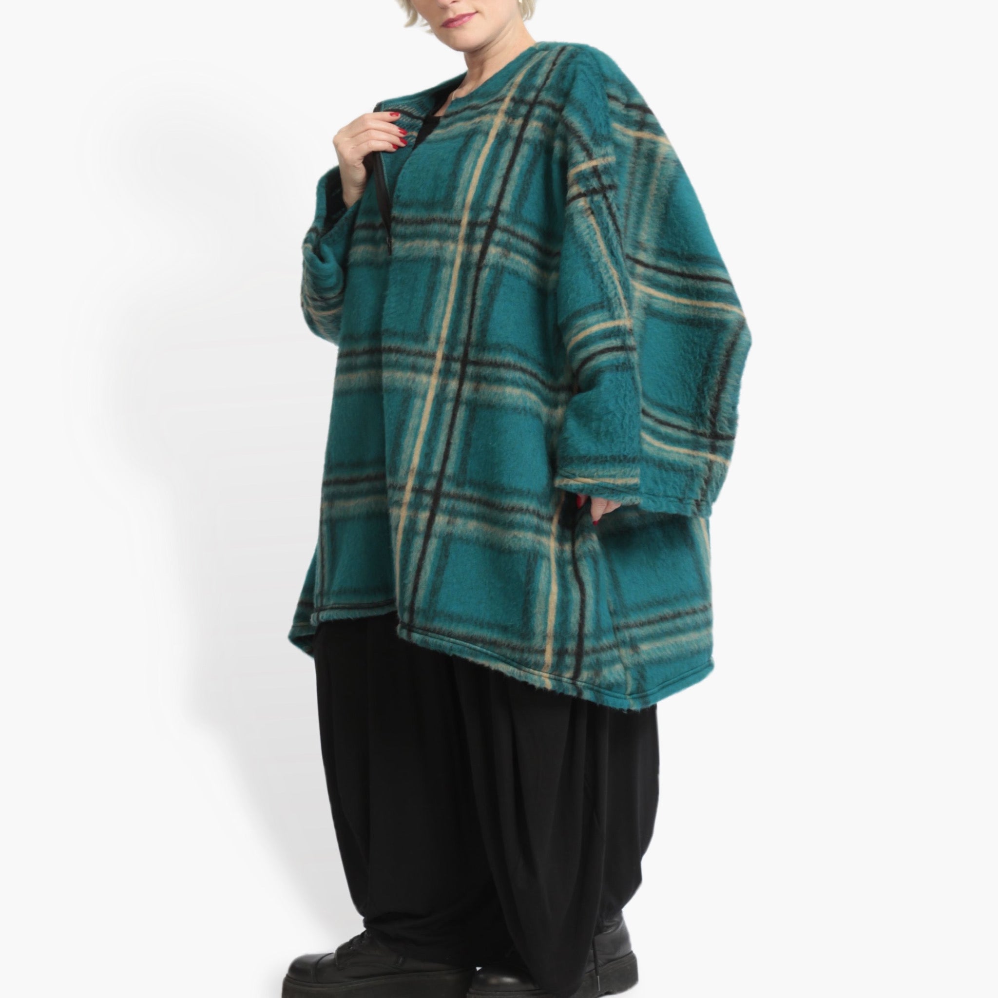  AKH Fashion Jacke in kastiger Form, aus Materialmix, 0973.01100, Petrol-Multi, Kariert